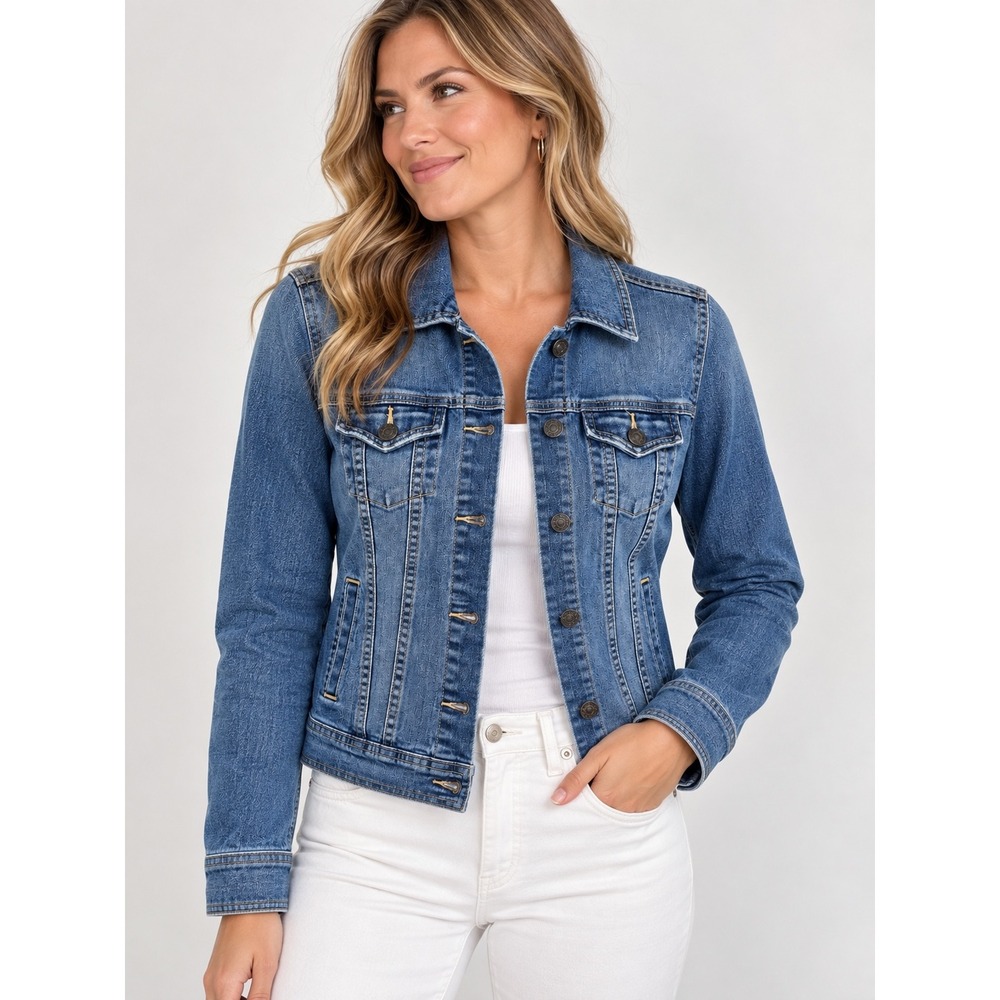 Women's Denim Jacket Medium Wash Stretch Denim Trucker Cowgirl Blue Size Small